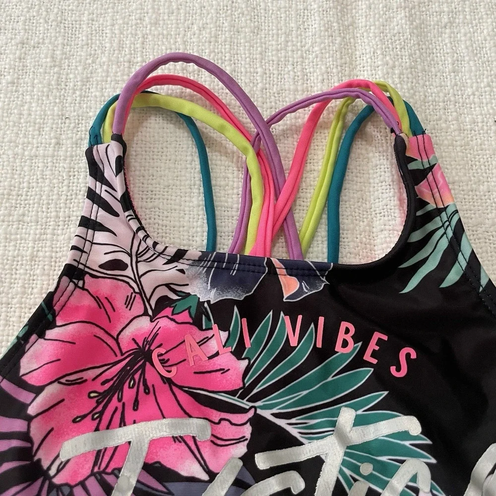 Justice Beach One-Piece Swimsuit Tropical Hawaiian Theme Girl's XS 5/6‎ EUC